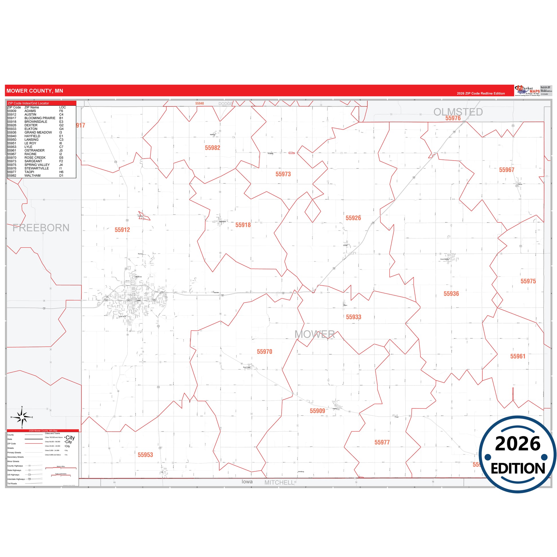 Mower County, MN Red Line map with detailed roads, cities, and ZIP code boundaries.