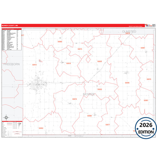 Mower County, MN Red Line map with detailed roads, cities, and ZIP code boundaries.