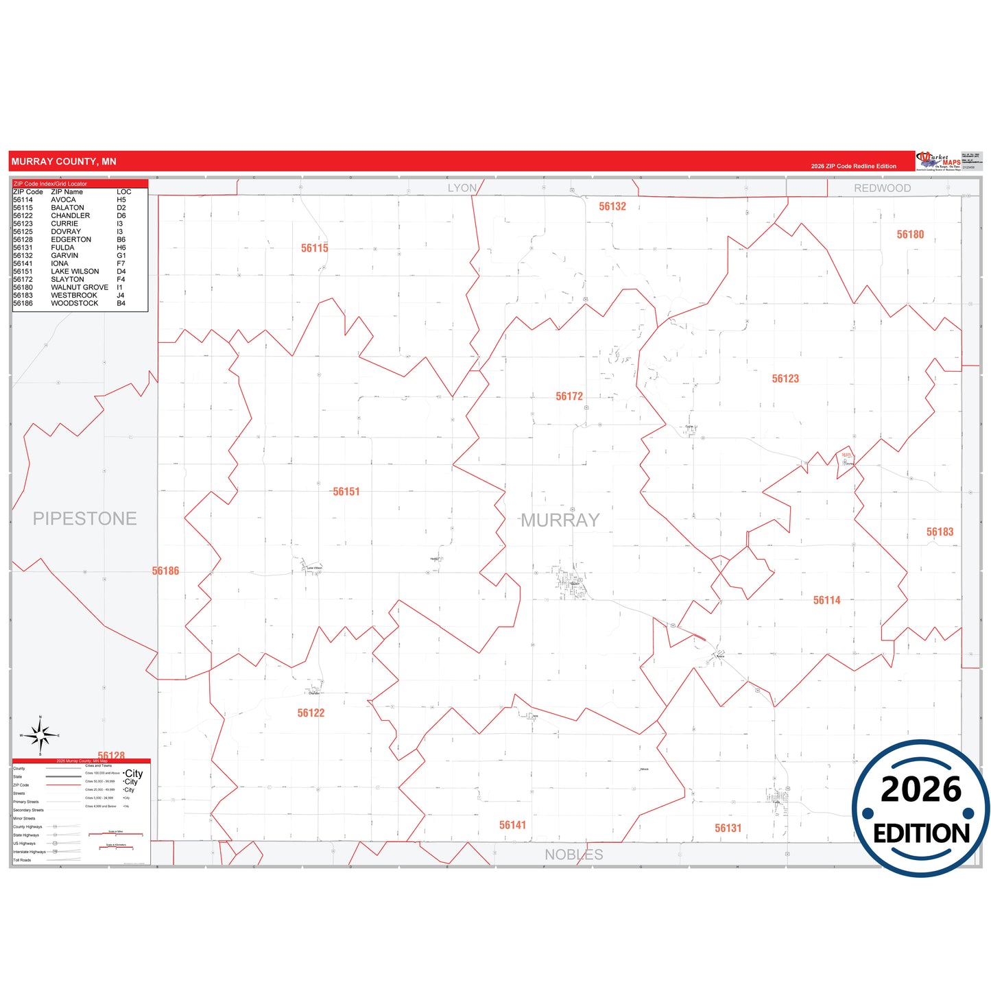 Murray County, MN Red Line 5 Digit ZIP Code Wall Map