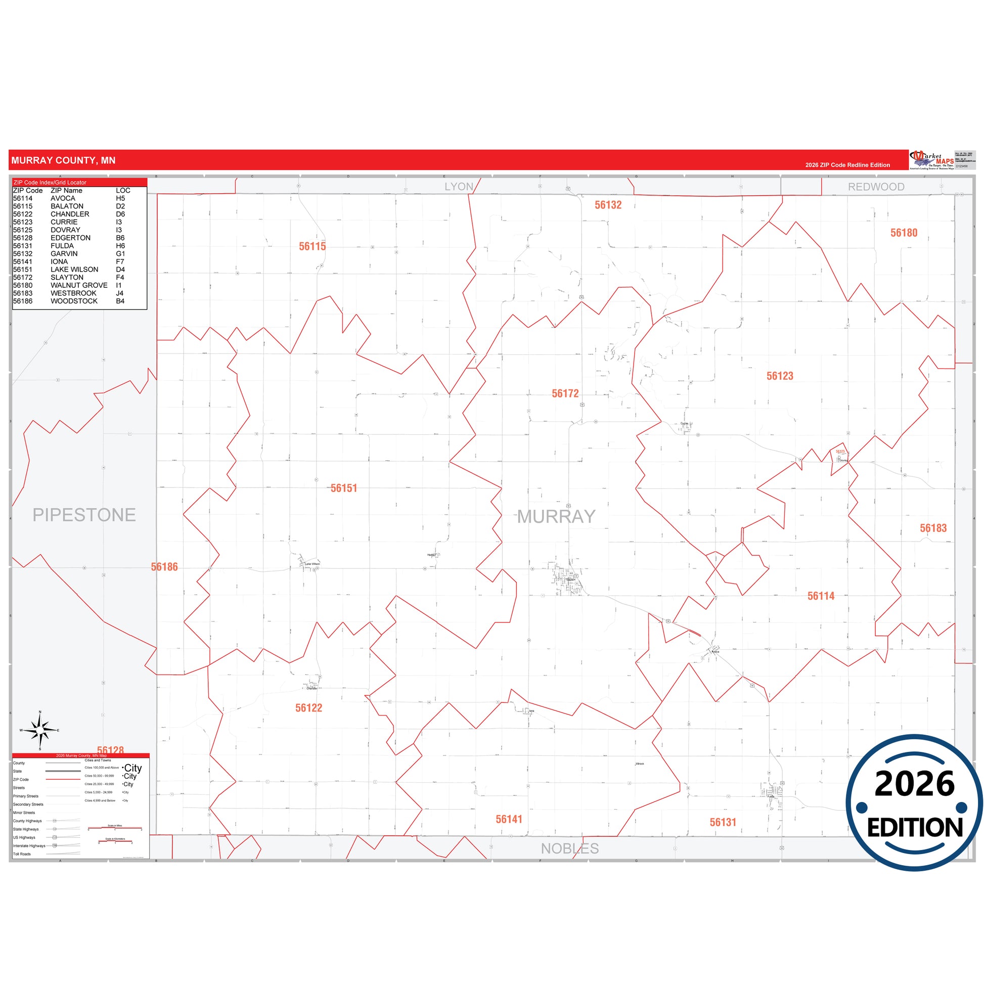 Murray County, MN Red Line map with detailed roads, cities, and ZIP code boundaries.