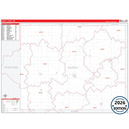 Murray County, MN Red Line map with detailed roads, cities, and ZIP code boundaries.