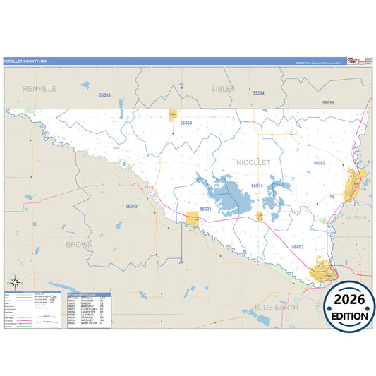 Nicollet County, MN Business Reference 5 Digit ZIP Code Wall Map
