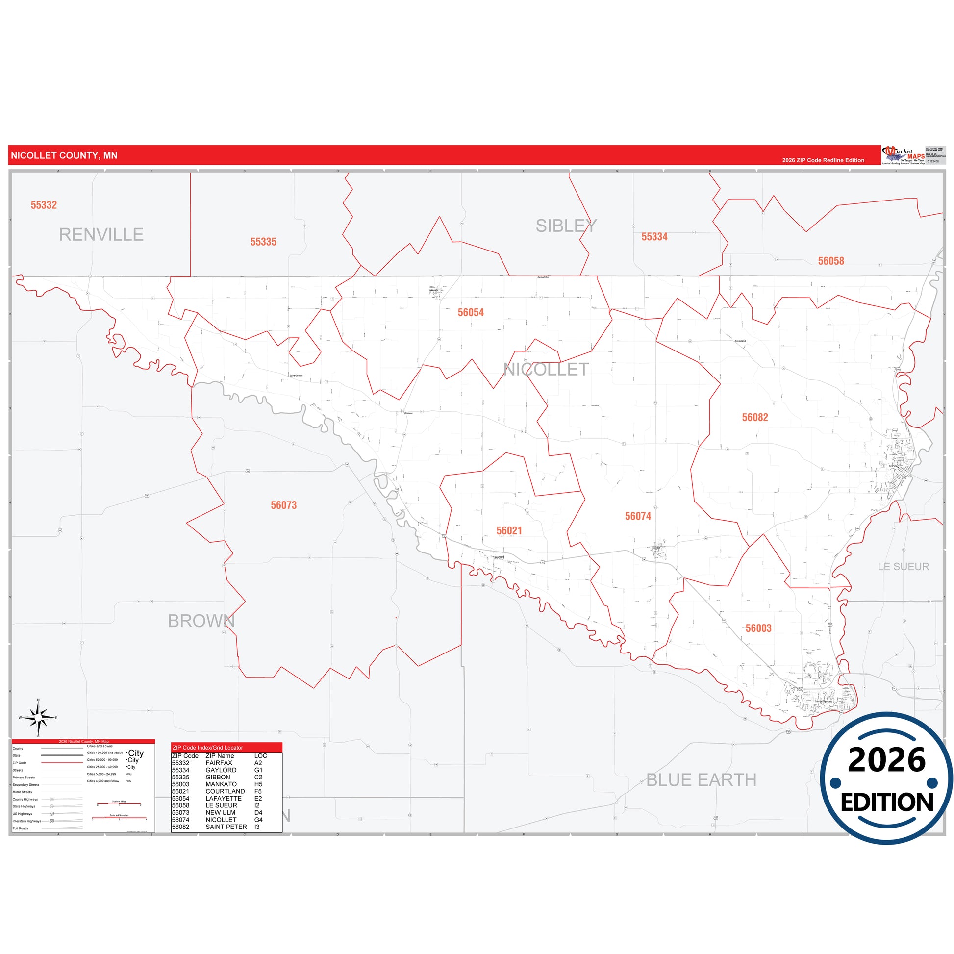 Nicollet County, MN Red Line map with detailed roads, cities, and ZIP code boundaries.