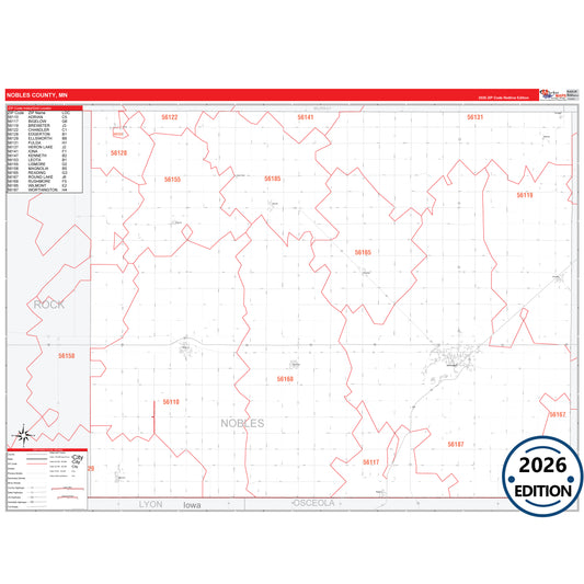 Nobles County, MN Red Line map with detailed roads, cities, and ZIP code boundaries.
