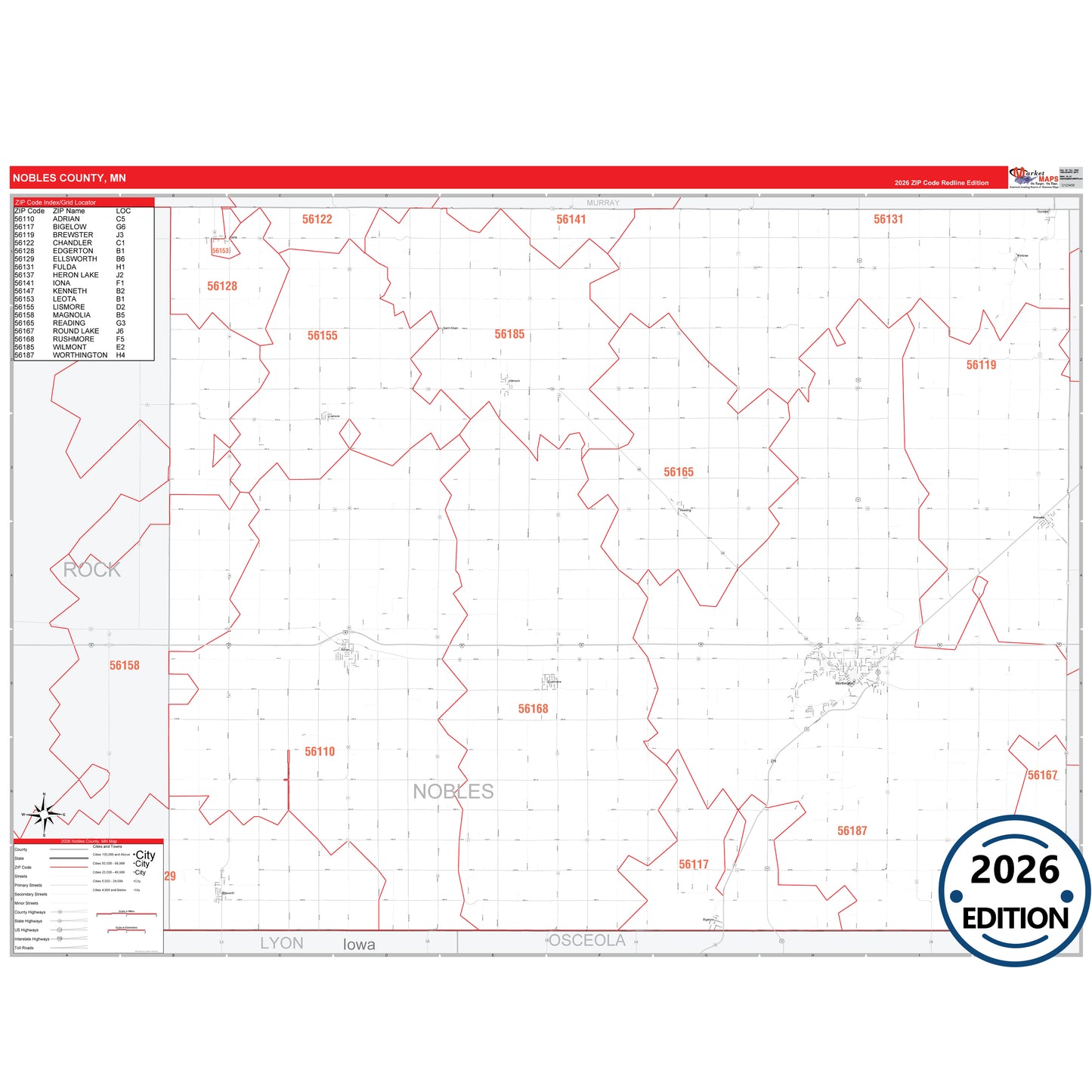 Nobles County, MN Red Line 5 Digit ZIP Code Wall Map