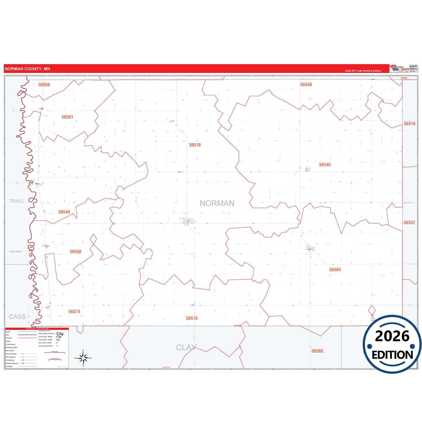 Norman County, MN Red Line map with detailed roads, cities, and ZIP code boundaries.