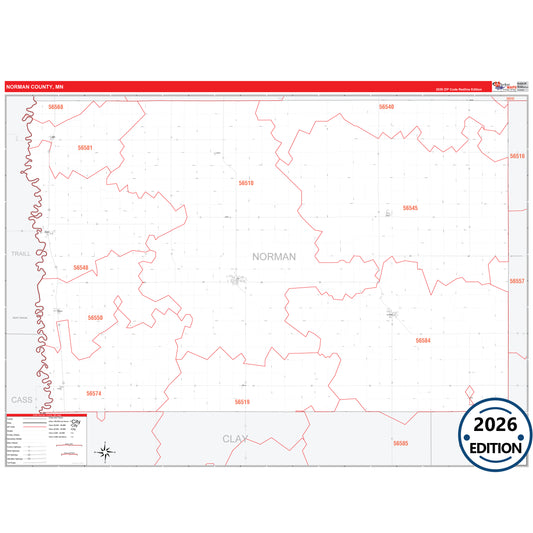 Norman County, MN Red Line map with detailed roads, cities, and ZIP code boundaries.