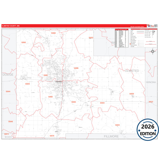 Olmsted County, MN Red Line 5 Digit ZIP Code Wall Map
