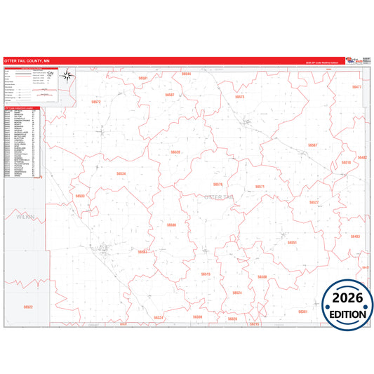 Otter Tail County, MN Red Line map with detailed roads, cities, and ZIP code boundaries.