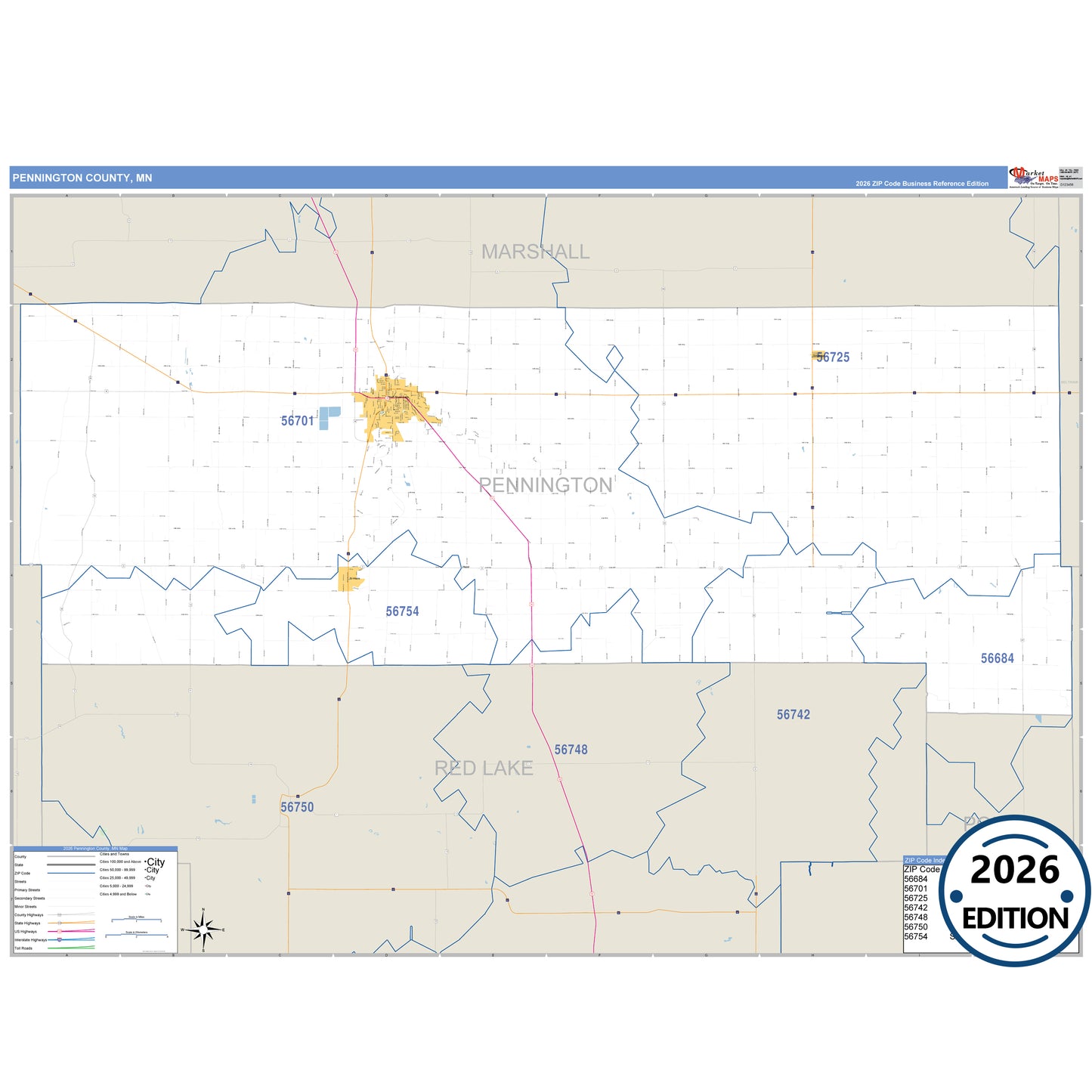 Pennington County, MN Business Reference 5 Digit ZIP Code Wall Map