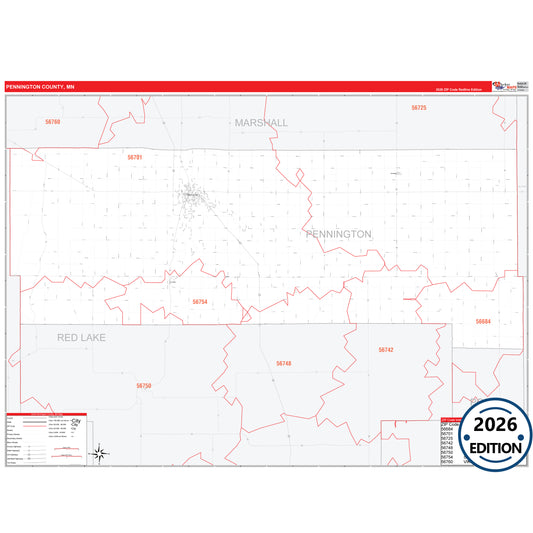 Pennington County, MN Red Line map with detailed roads, cities, and ZIP code boundaries.