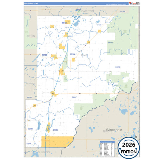 Pine County, MN Business Reference 5 Digit ZIP Code Wall Map