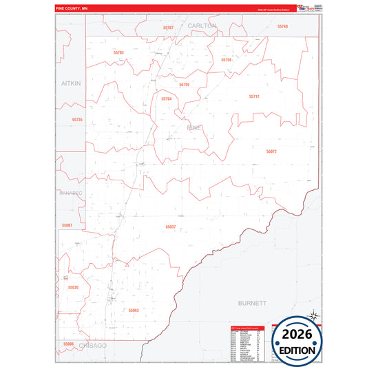 Pine County, MN Red Line 5 Digit ZIP Code Wall Map