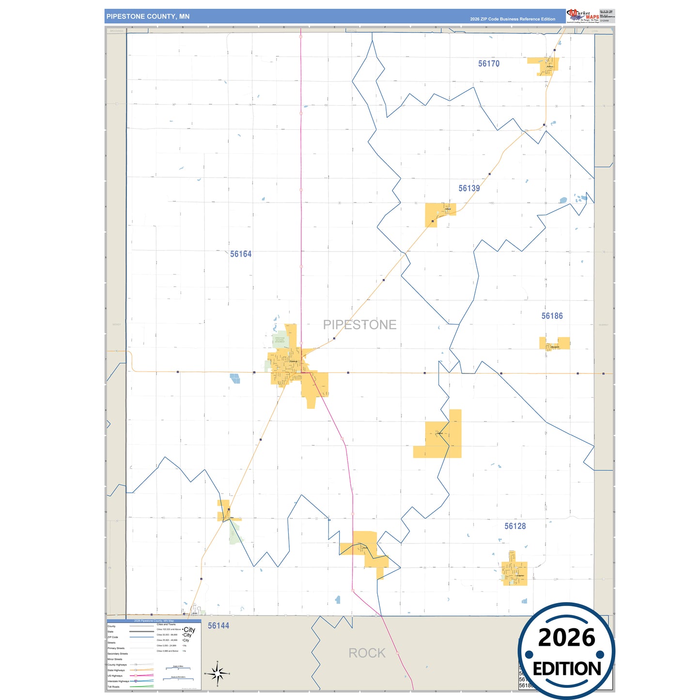 Pipestone County, MN Business Reference 5 Digit ZIP Code Wall Map