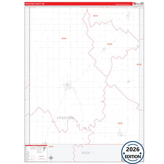 Pipestone County, MN Red Line map with detailed roads, cities, and ZIP code boundaries.