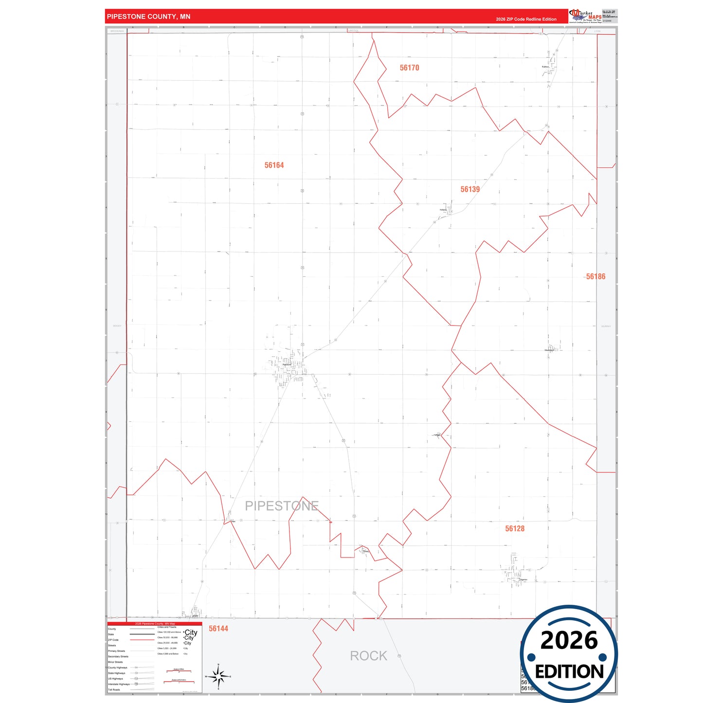 Pipestone County, MN Red Line 5 Digit ZIP Code Wall Map
