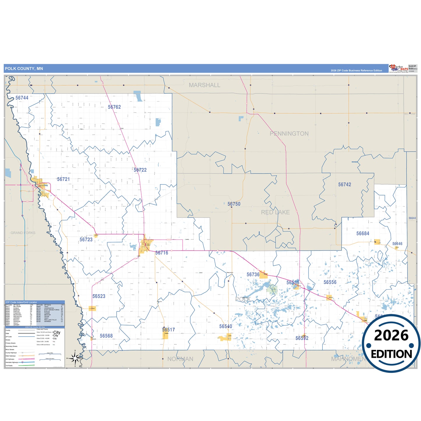 Polk County, MN Business Reference 5 Digit ZIP Code Wall Map