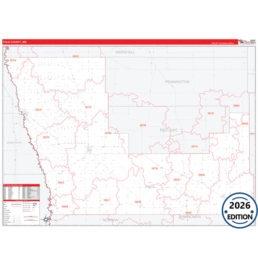 Polk County, MN Red Line map with detailed roads, cities, and ZIP code boundaries.