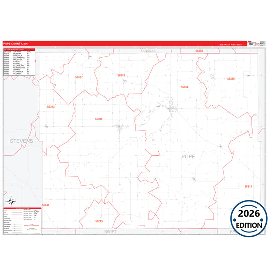 Pope County, MN Red Line 5 Digit ZIP Code Wall Map
