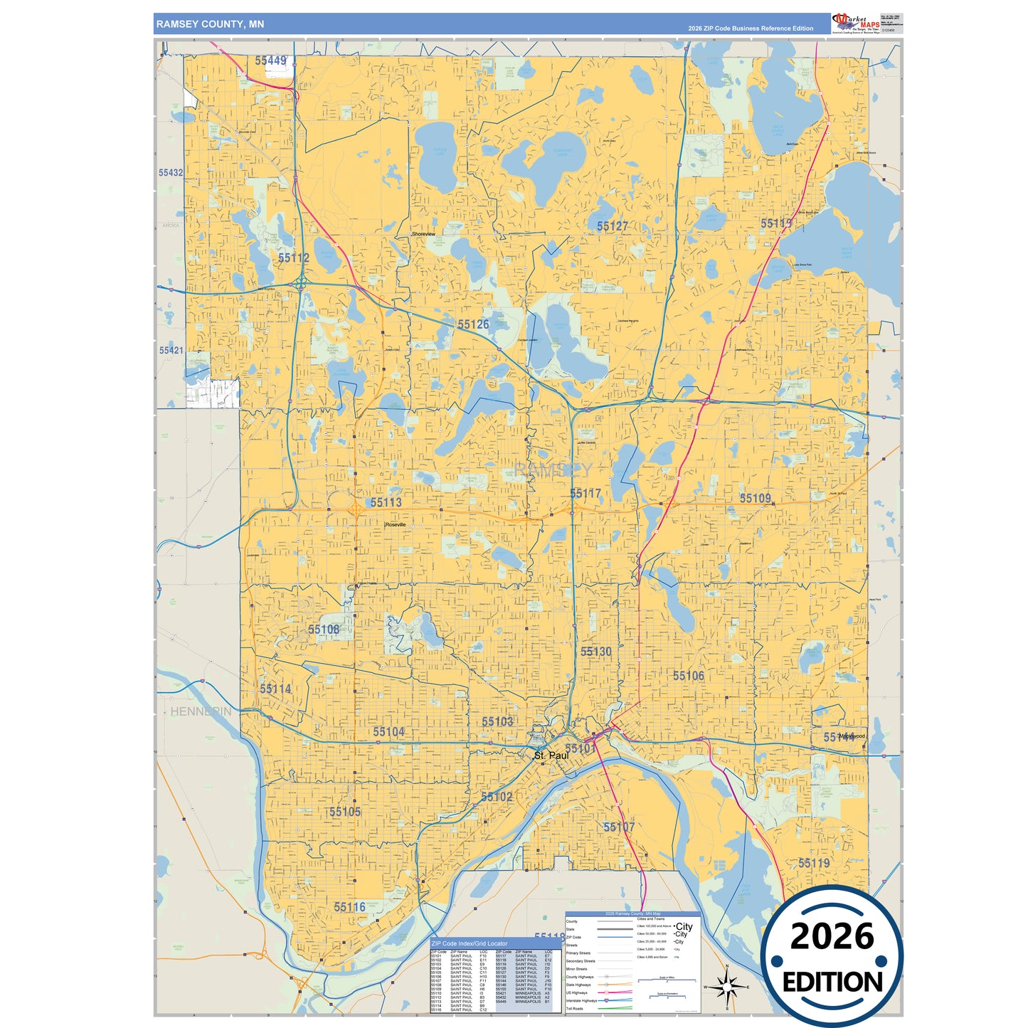 Ramsey County, MN Business Reference 5 Digit ZIP Code Wall Map