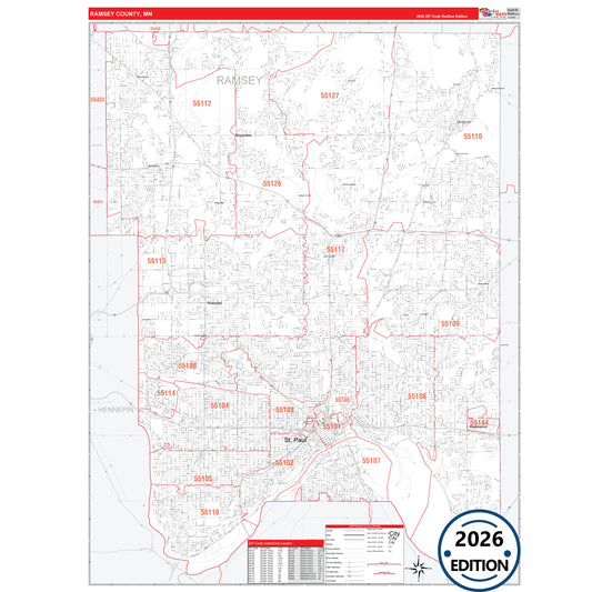 Ramsey County, MN Red Line 5 Digit ZIP Code Wall Map