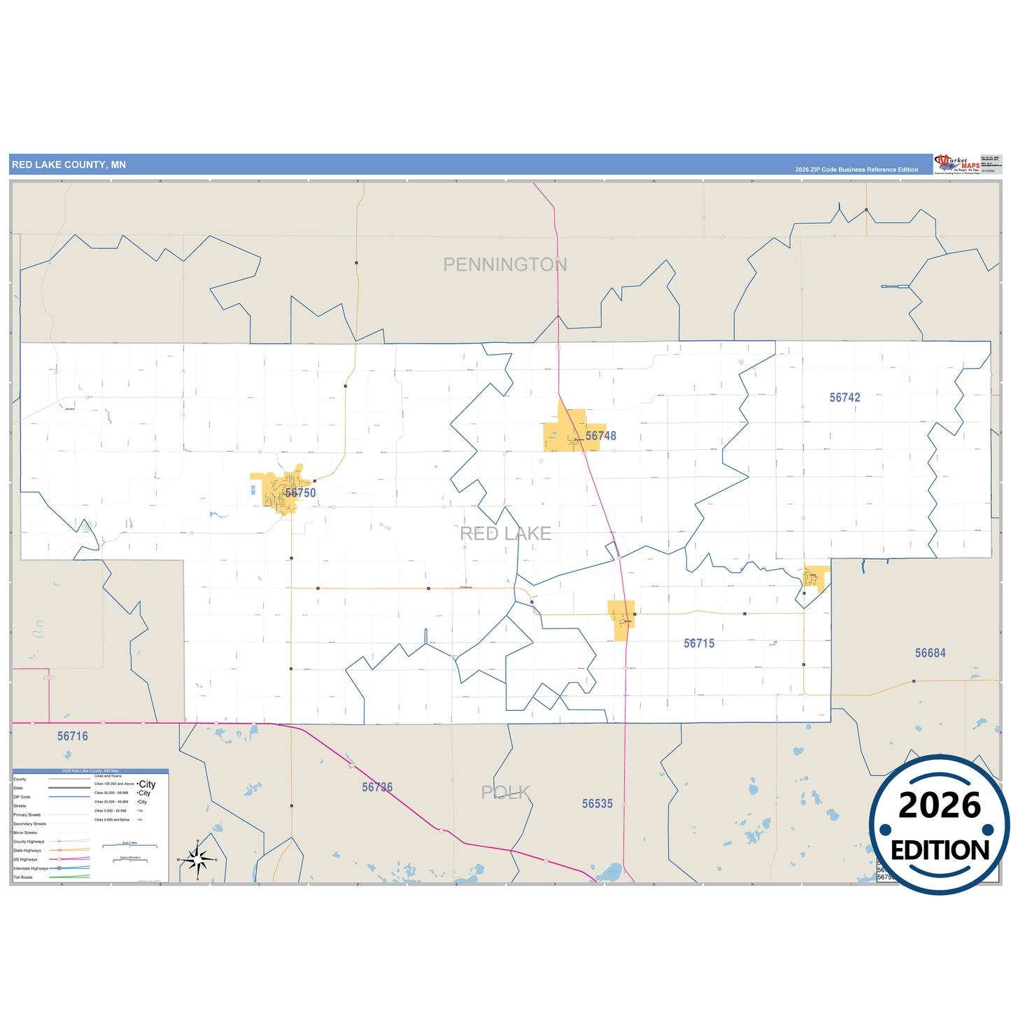 Red Lake County, MN Business Reference 5 Digit ZIP Code Wall Map
