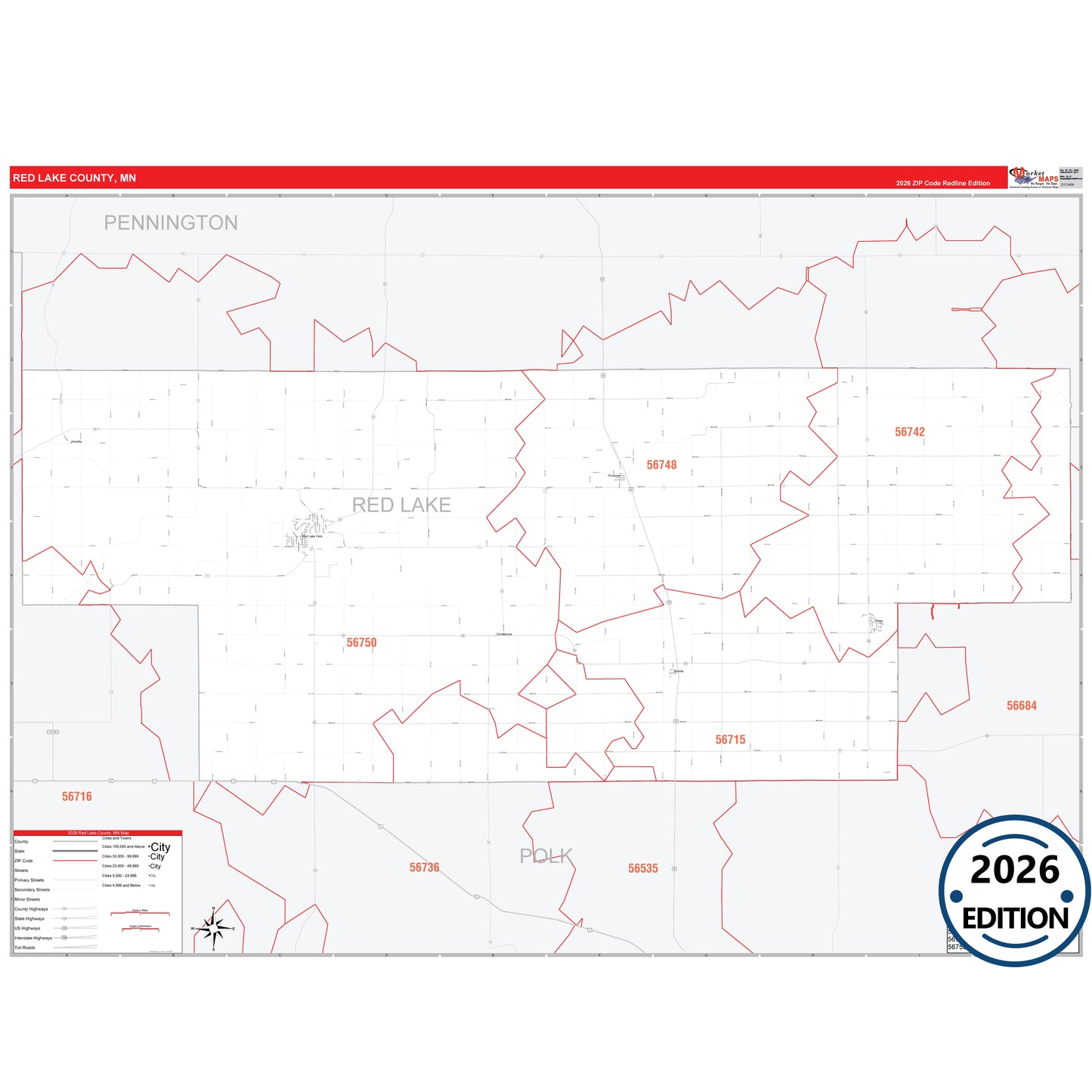Red Lake County, MN Red Line 5 Digit ZIP Code Wall Map