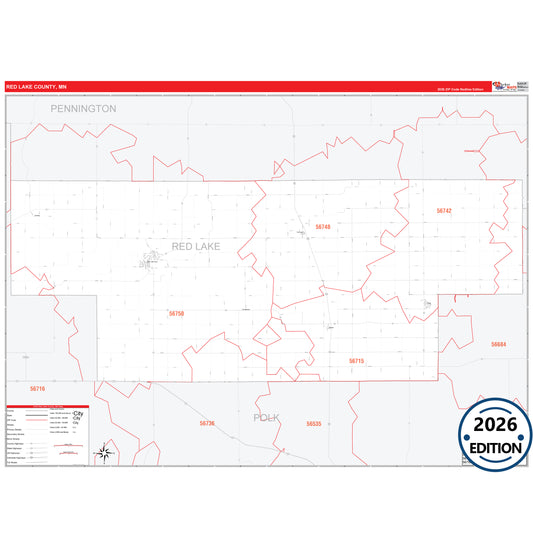 Red Lake County, MN Red Line map with detailed roads, cities, and ZIP code boundaries.