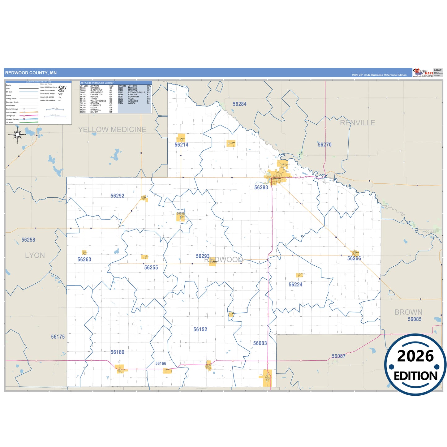 Redwood County, MN Business Reference 5 Digit ZIP Code Wall Map