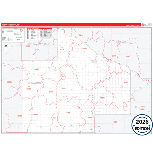 Redwood County, MN Red Line map with detailed roads, cities, and ZIP code boundaries.
