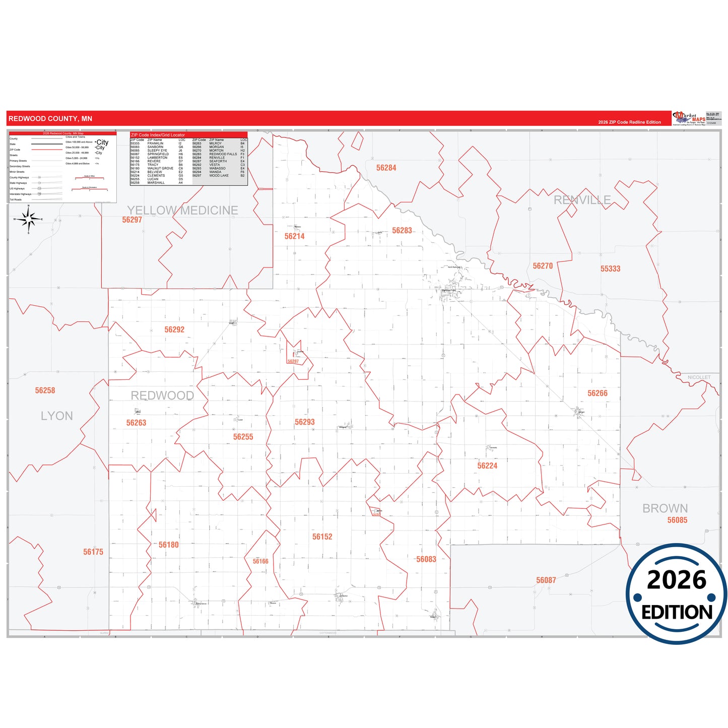 Redwood County, MN Red Line 5 Digit ZIP Code Wall Map