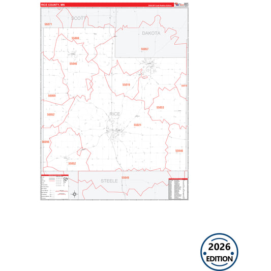 Rice County, MN Red Line 5 Digit ZIP Code Wall Map