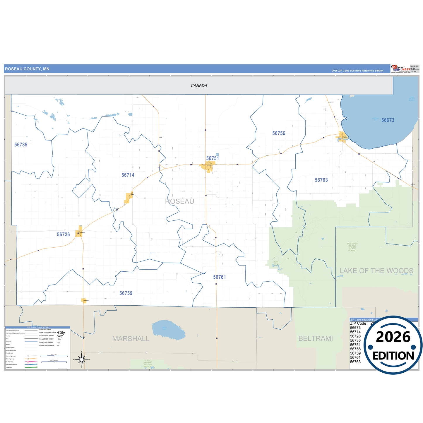 Roseau County, MN Business Reference 5 Digit ZIP Code Wall Map