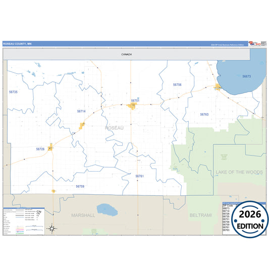 Roseau County, MN Business Reference 5 Digit ZIP Code Wall Map