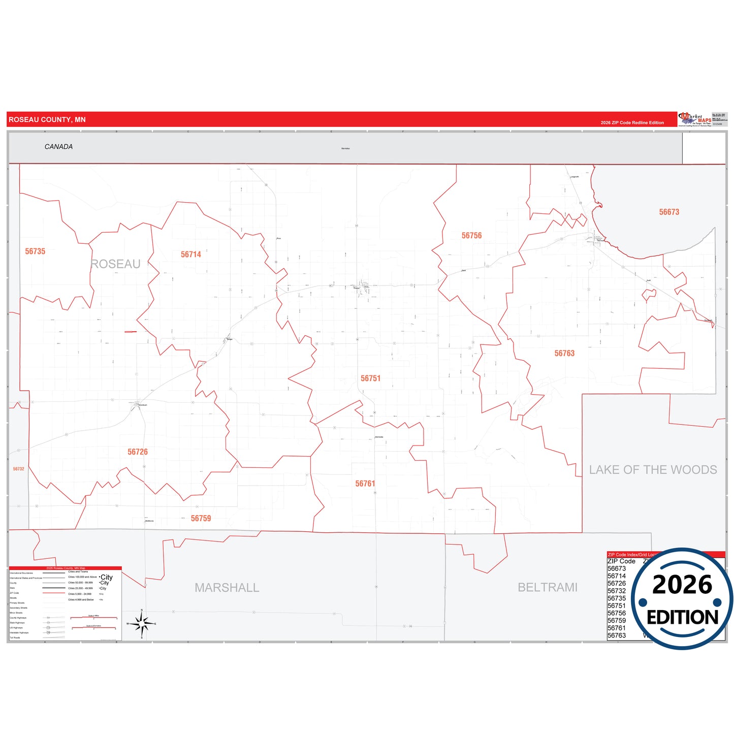 Roseau County, MN Red Line 5 Digit ZIP Code Wall Map