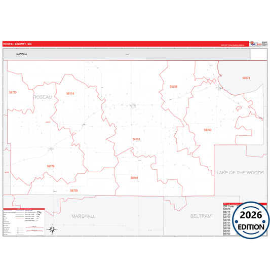 Roseau County, MN Red Line 5 Digit ZIP Code Wall Map