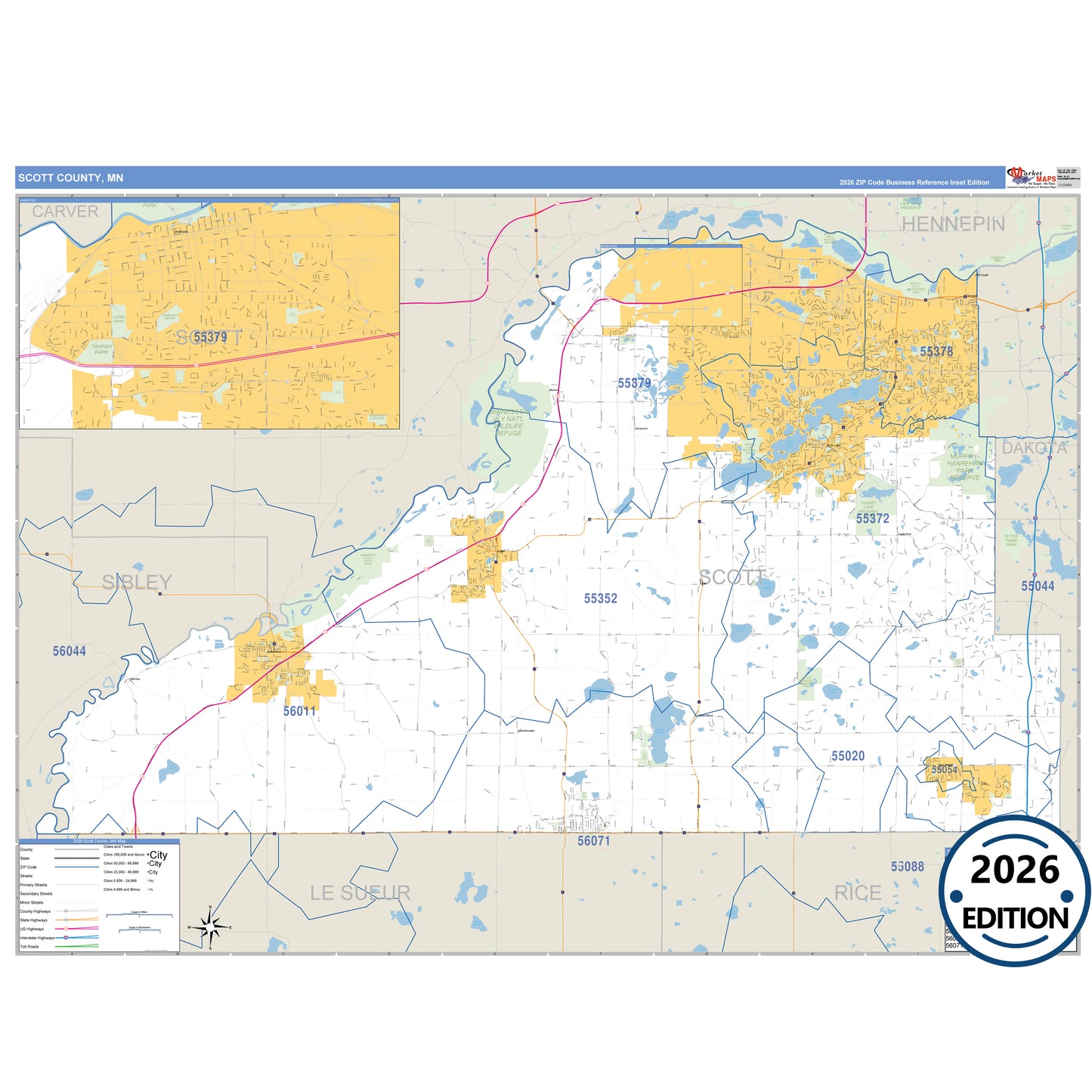 Scott County, MN Business Reference 5 Digit ZIP Code Wall Map