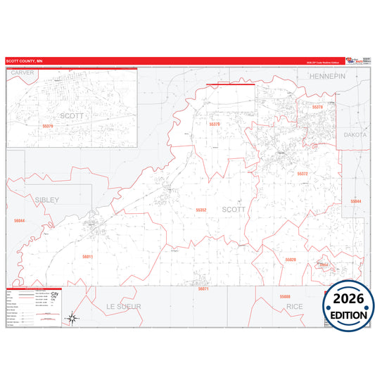 Scott County, MN Red Line 5 Digit ZIP Code Wall Map