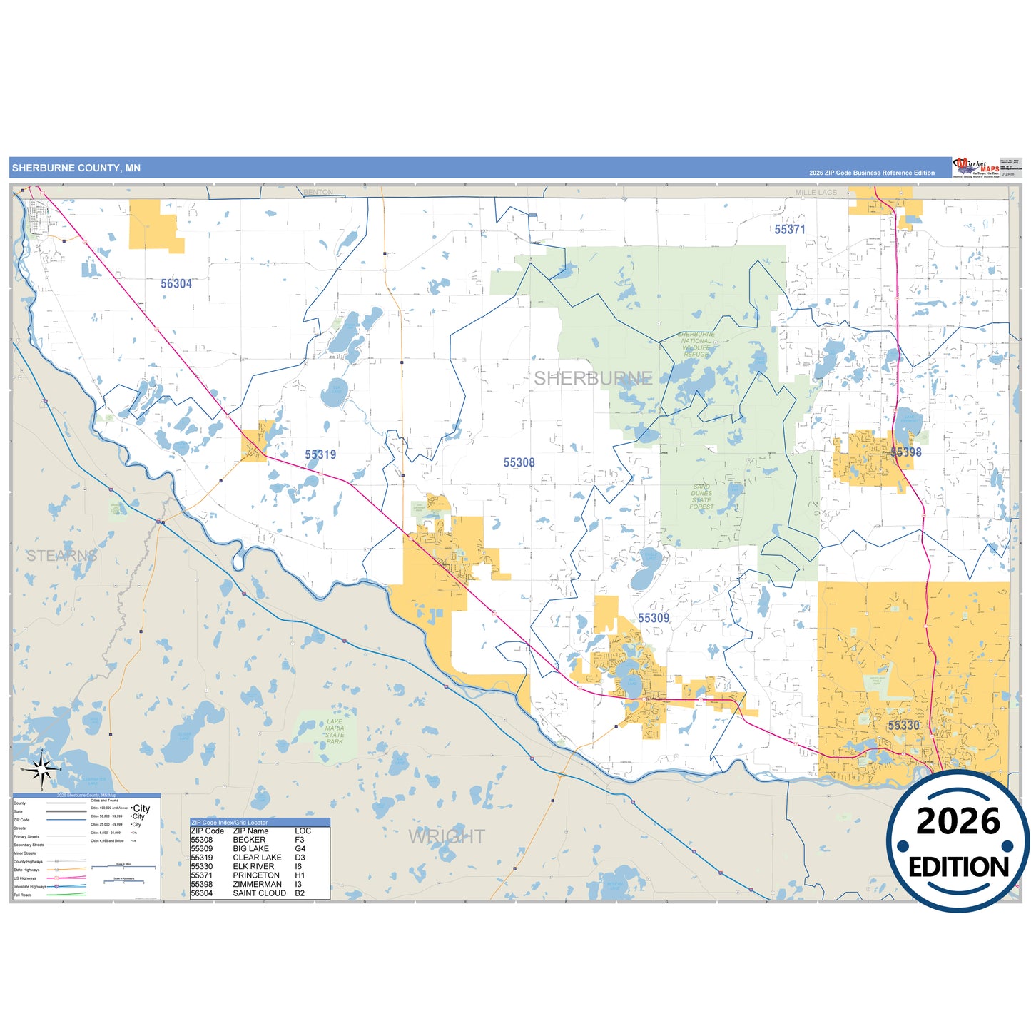Sherburne County, MN Business Reference 5 Digit ZIP Code Wall Map