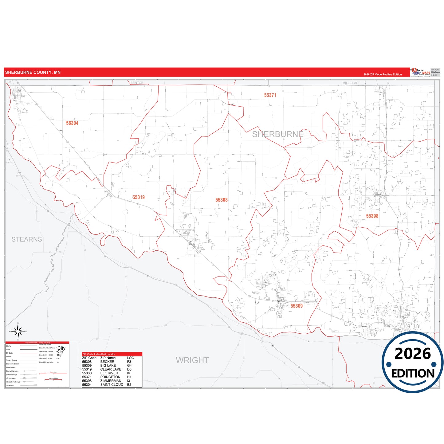 Sherburne County, MN Red Line 5 Digit ZIP Code Wall Map