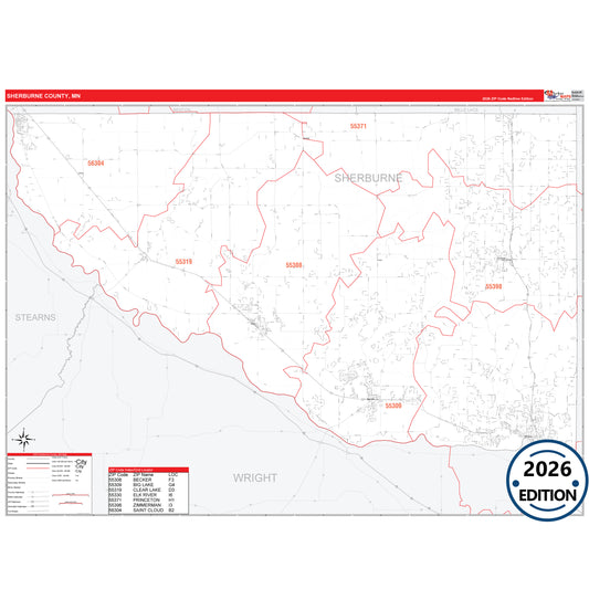 Sherburne County, MN Red Line 5 Digit ZIP Code Wall Map