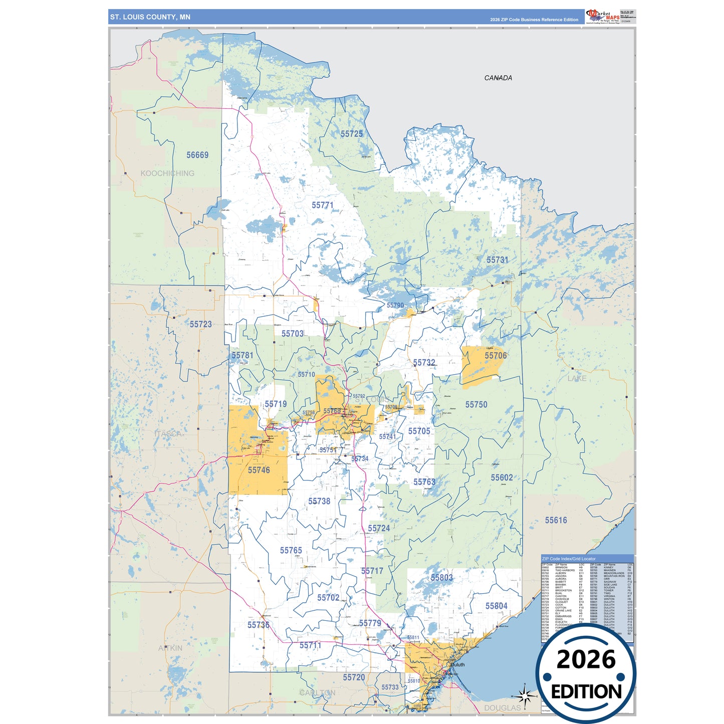 St. Louis County, MN Business Reference 5 Digit ZIP Code Wall Map