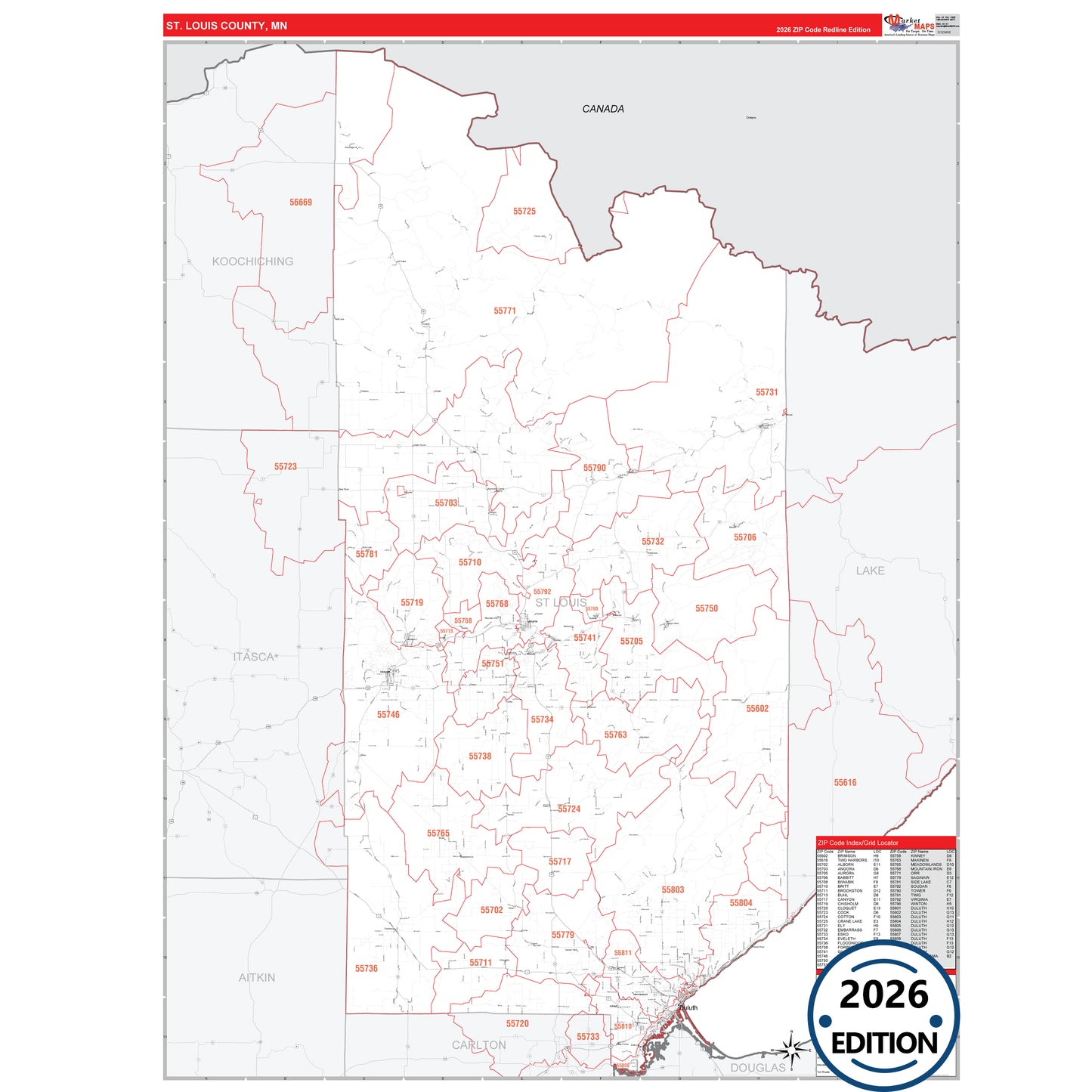 St. Louis County, MN Red Line 5 Digit ZIP Code Wall Map