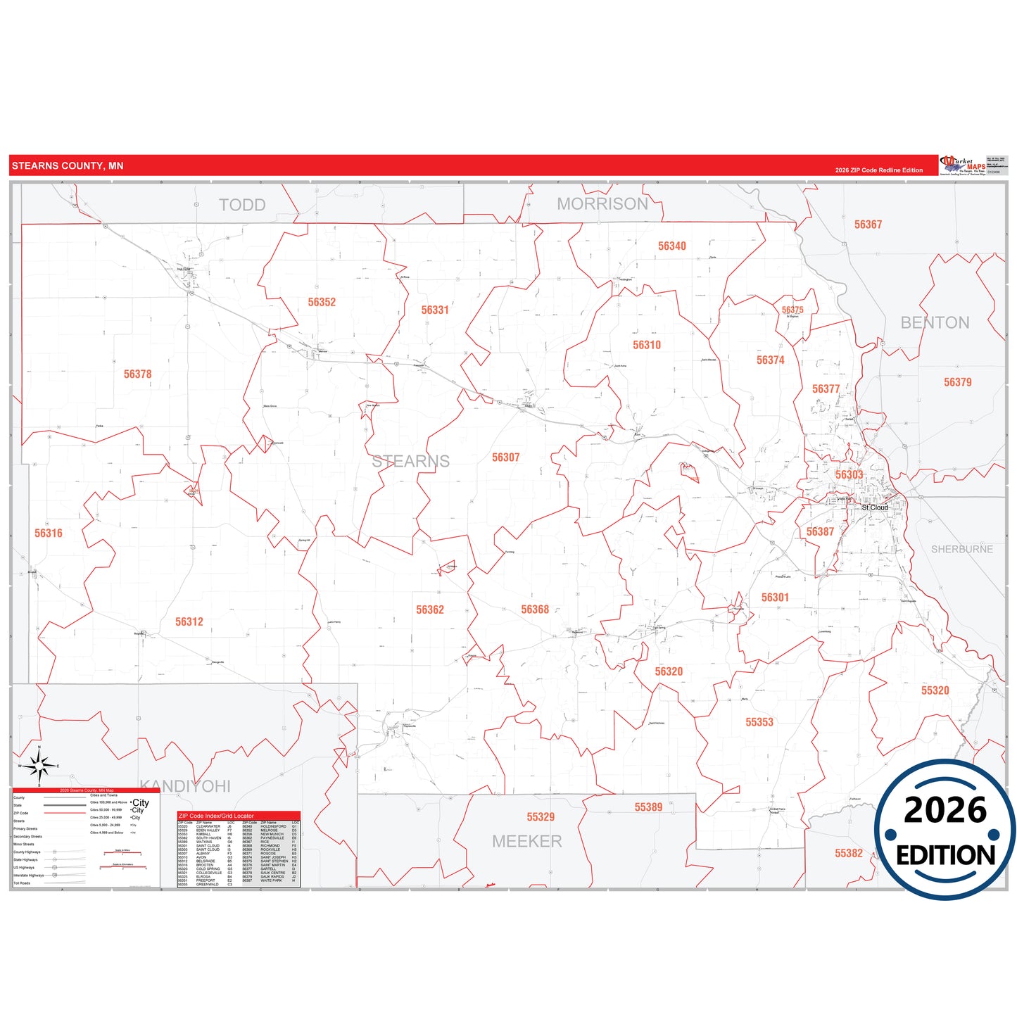 Stearns County, MN Red Line 5 Digit ZIP Code Wall Map
