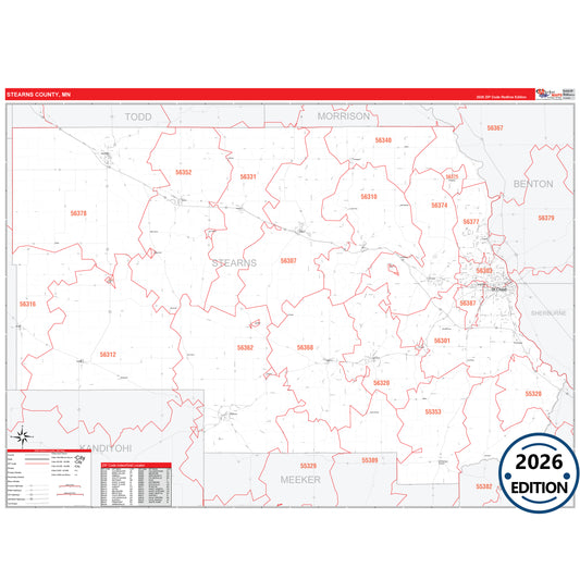 Stearns County, MN Red Line 5 Digit ZIP Code Wall Map