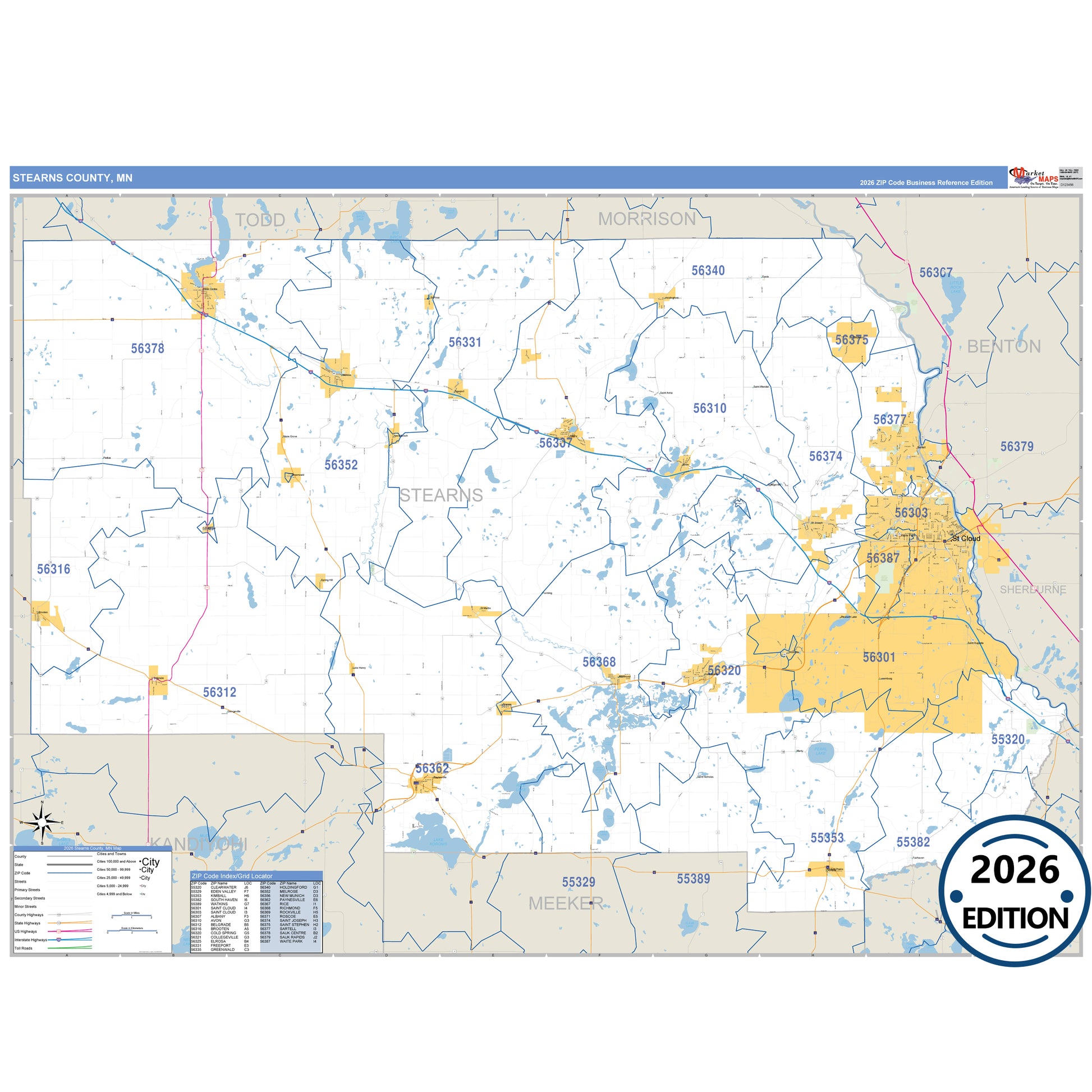 Stearns County, MN Business Reference map with detailed roads, cities, and ZIP code boundaries.