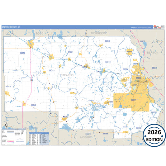 Stearns County, MN Business Reference map with detailed roads, cities, and ZIP code boundaries.