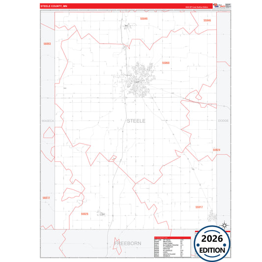 Steele County, MN Red Line 5 Digit ZIP Code Wall Map