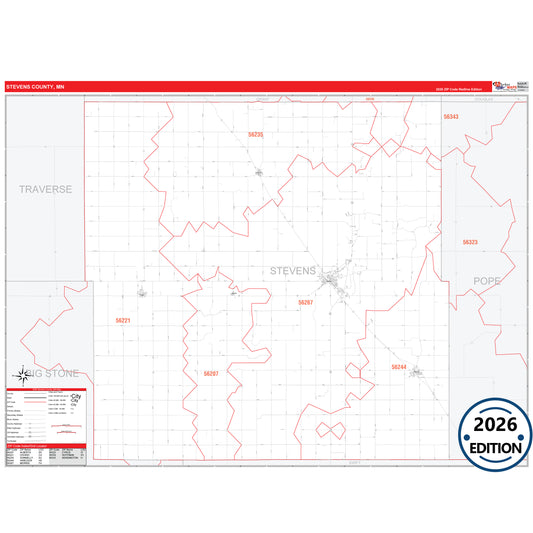 Stevens County, MN Red Line 5 Digit ZIP Code Wall Map