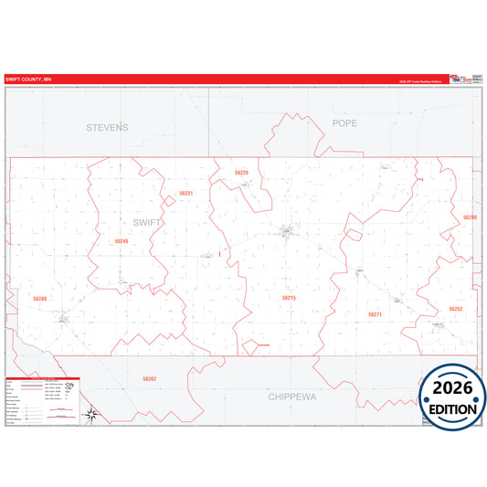 Swift County, MN Red Line map with detailed roads, cities, and ZIP code boundaries.